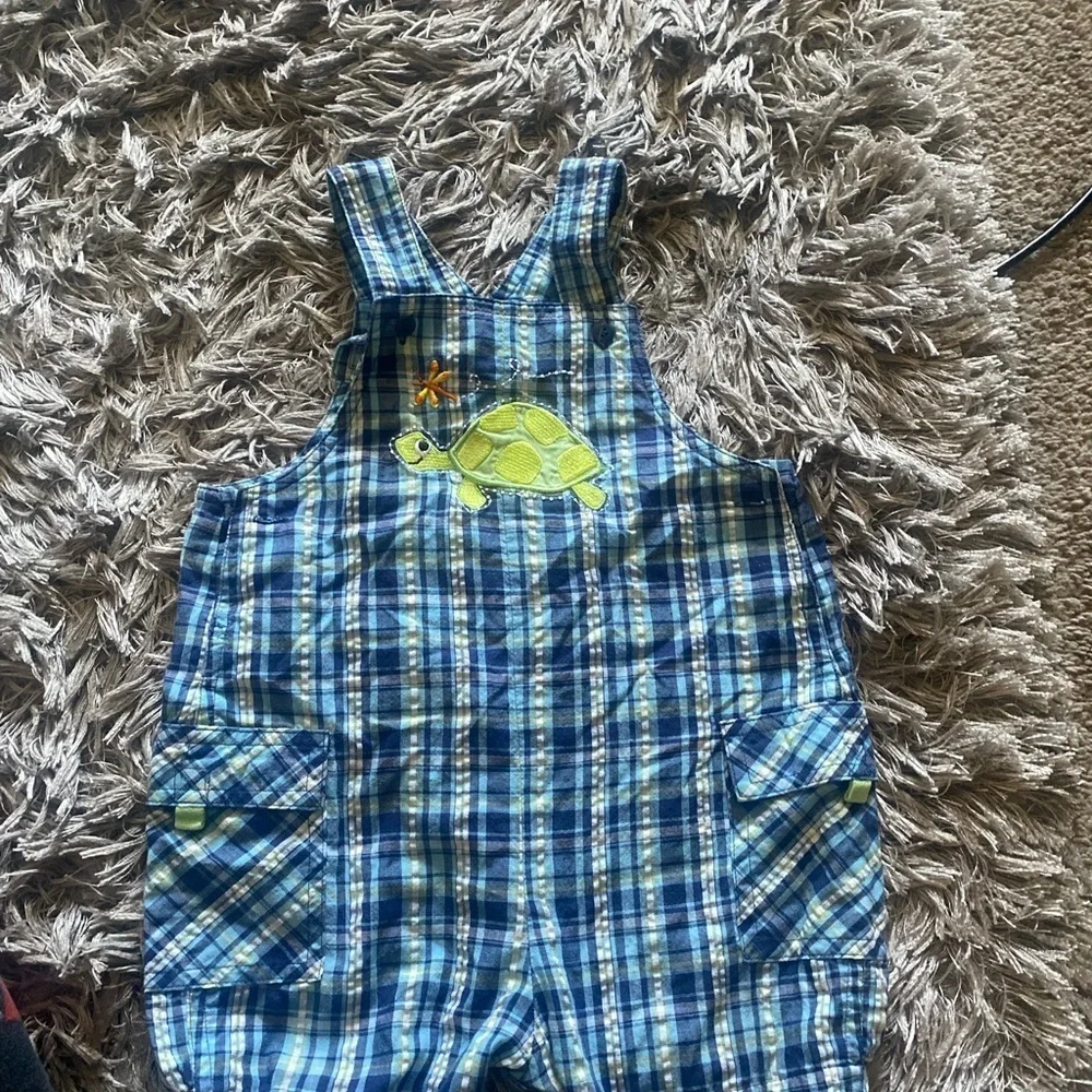 Plaid Blue Kids Overalls with Turtle Design size 24M